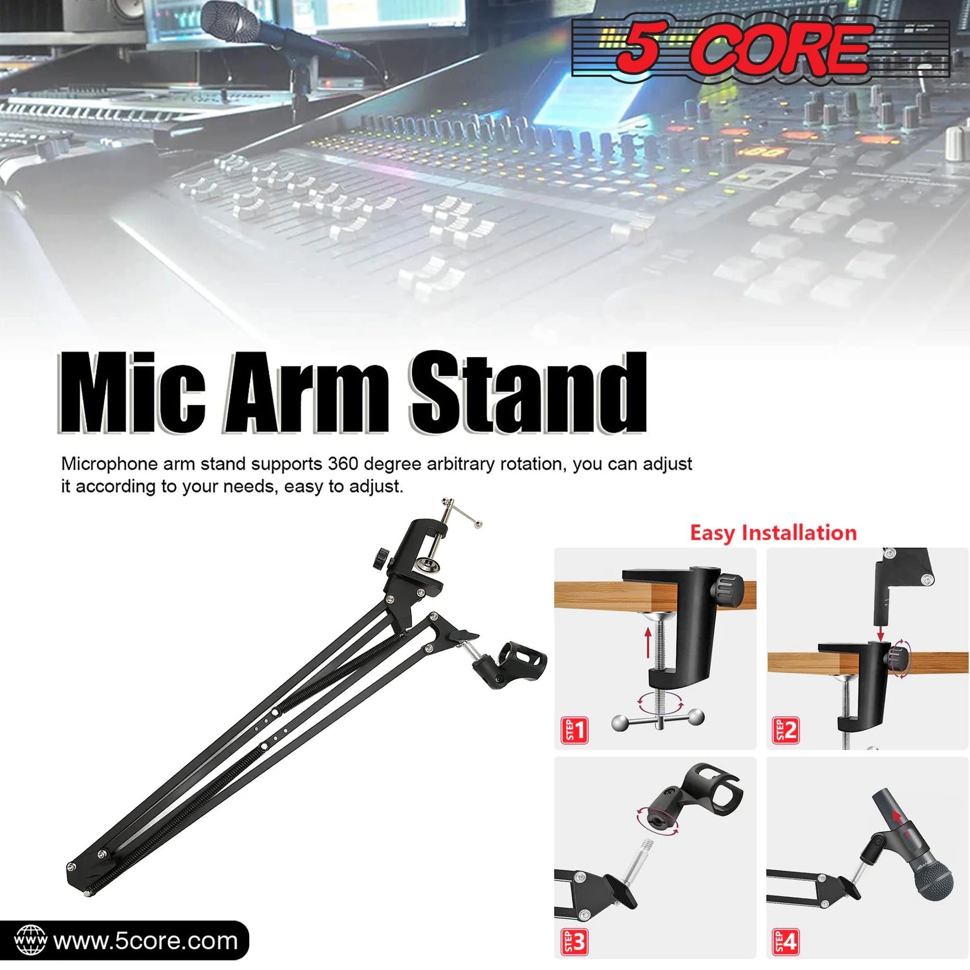 5 Core Microphone Boom Arm Adjustable 360° Rotatable Mic Stand with 3/8''-5/8'' Adapter