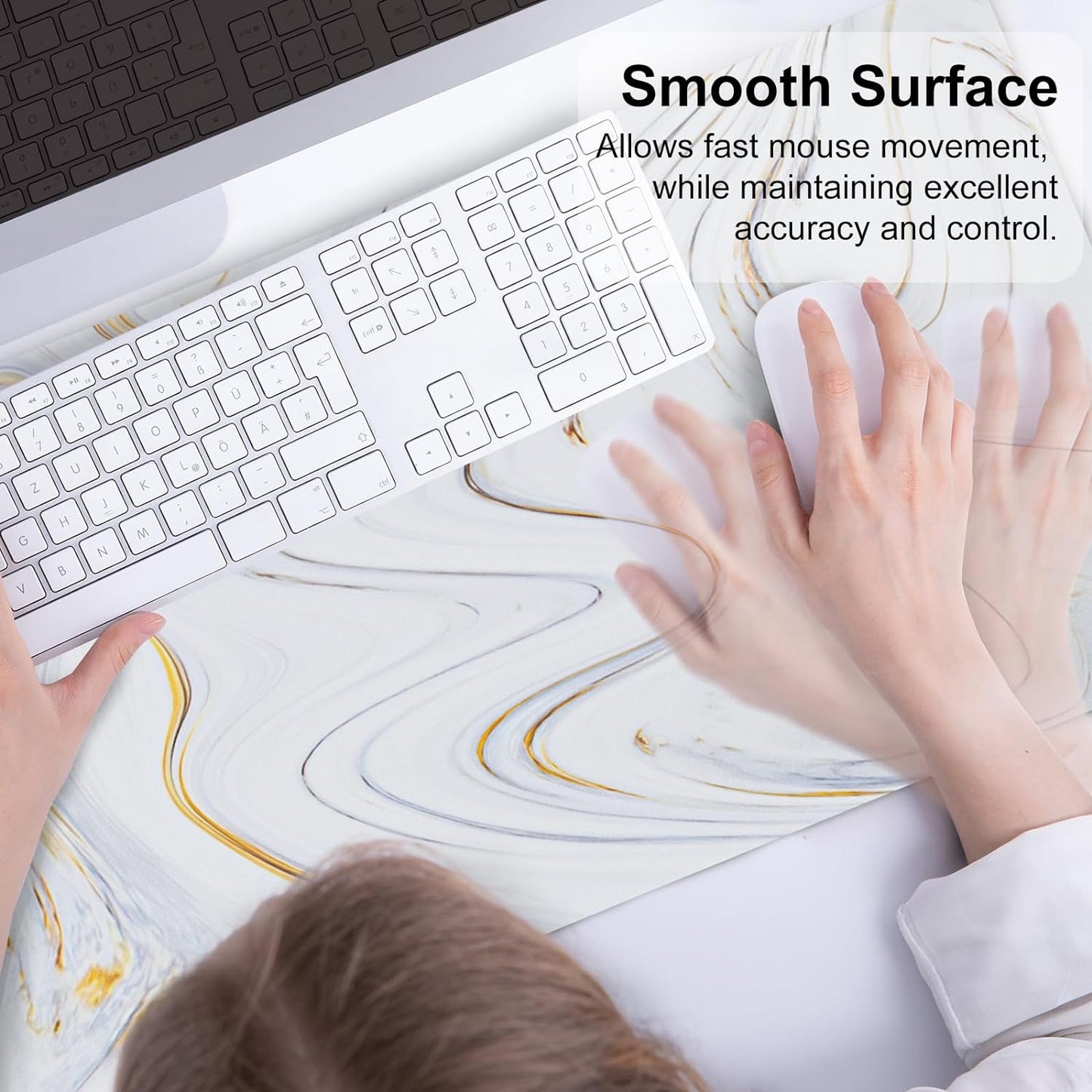 White Mouse Pad, Cute Marble Large Desk Mat, PU Leather Desk Protector Mousepad, Gold Grey Striped Waterproof Computer Keyboard Gaming Mouse Pads, Non Slip Extended Writing Pad 31.5" X 15.7"