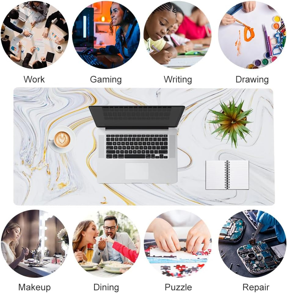 White Mouse Pad, Cute Marble Large Desk Mat, PU Leather Desk Protector Mousepad, Gold Grey Striped Waterproof Computer Keyboard Gaming Mouse Pads, Non Slip Extended Writing Pad 31.5" X 15.7"