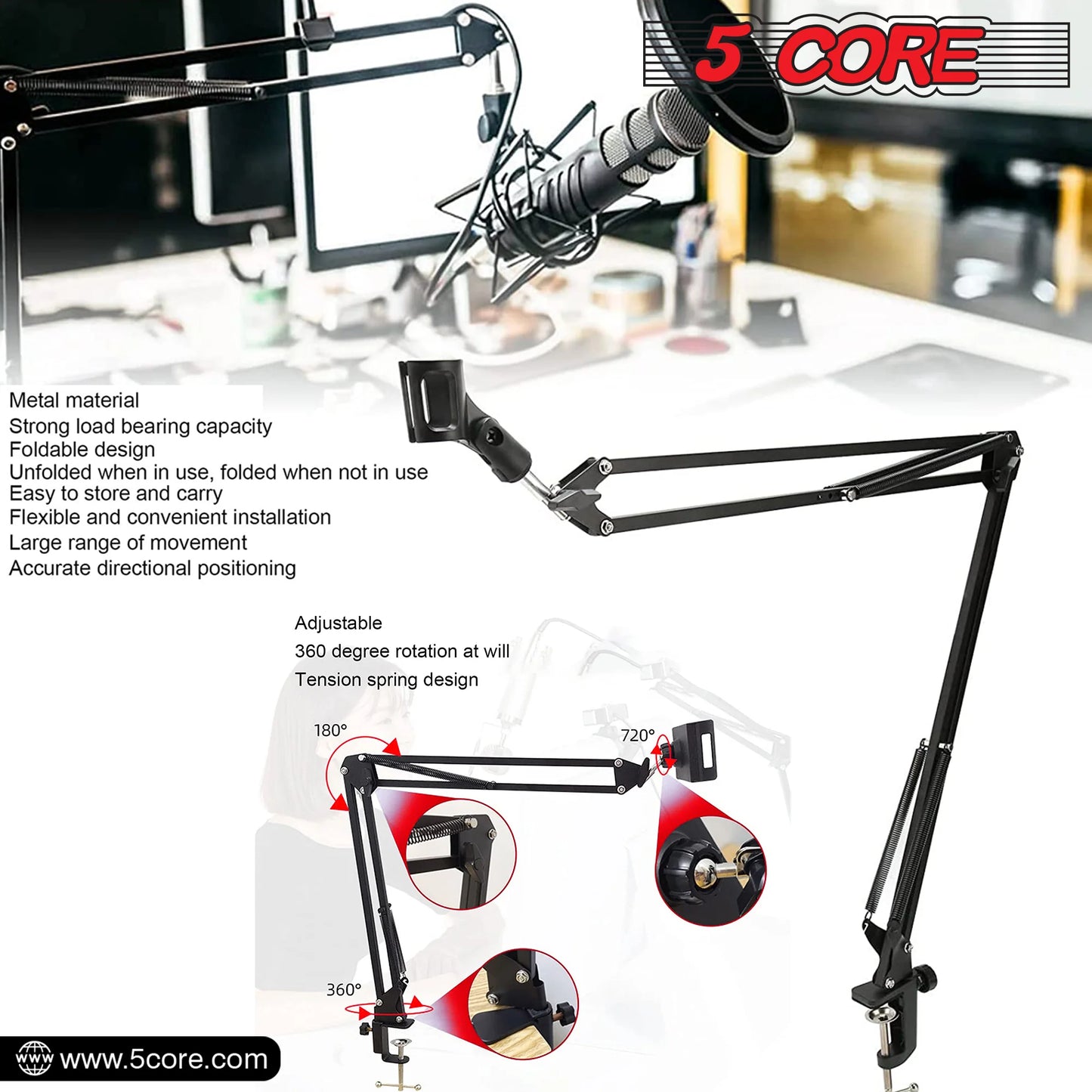 5 Core Microphone Boom Arm Adjustable 360° Rotatable Mic Stand with 3/8''-5/8'' Adapter