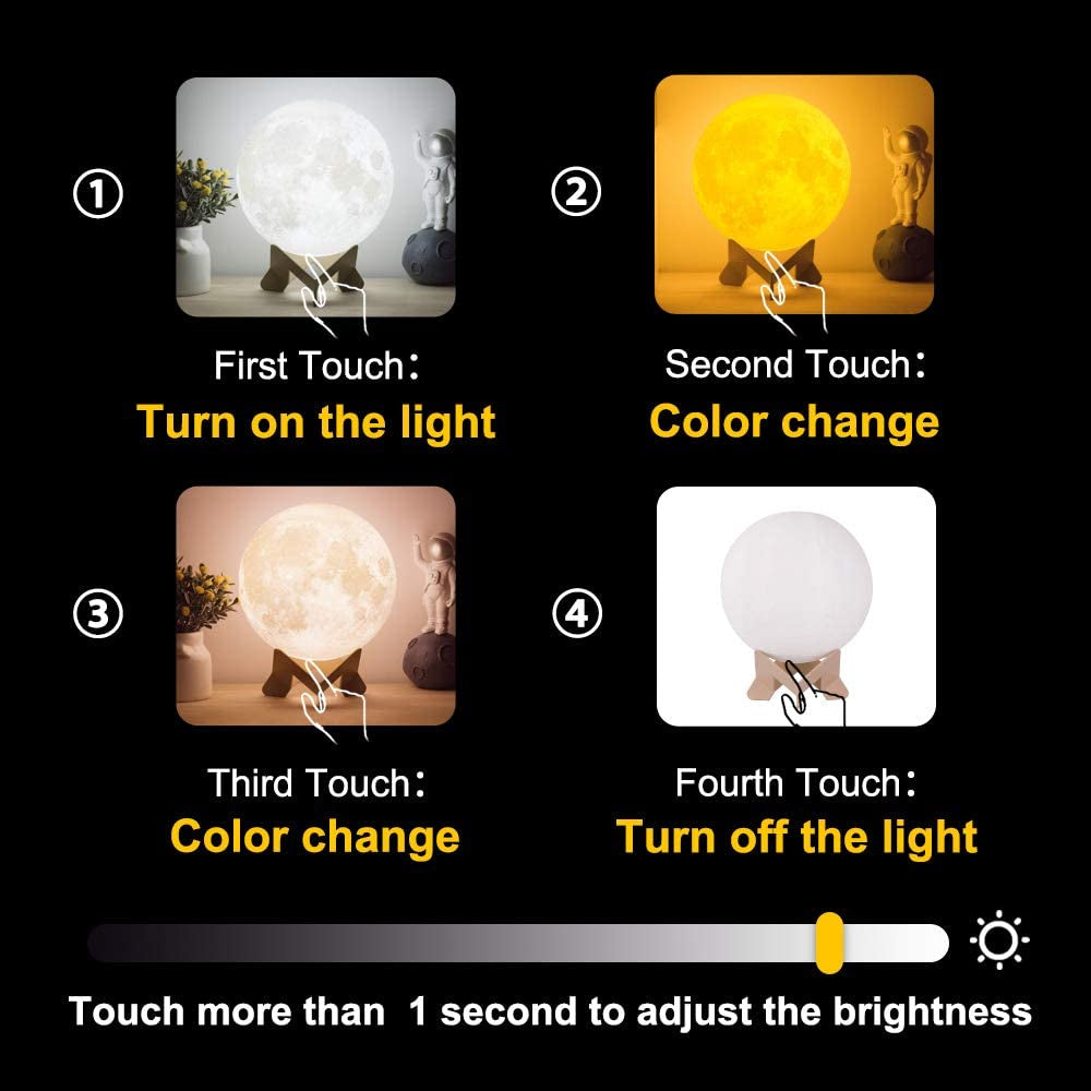 Moon Lamp Moon Night Light 3D Printing Lunar Lamp 4.7In 3 Colors for Kids Gift for Women USB Rechargeable Touch Contral Brightness Yellow Warm and Cool White