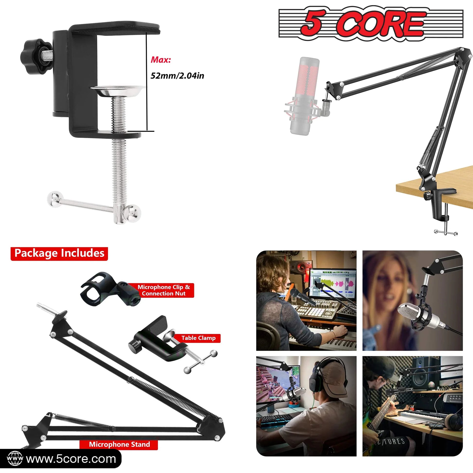 5 Core Microphone Boom Arm Adjustable 360° Rotatable Mic Stand with 3/8''-5/8'' Adapter